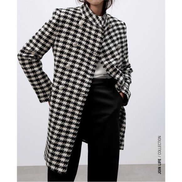 BLOGGERS Fav Zara houndstooth jacket coat black white silver buttons - Picture 4 of 17